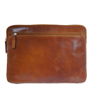 Brown leather pouch with zipper on a white background