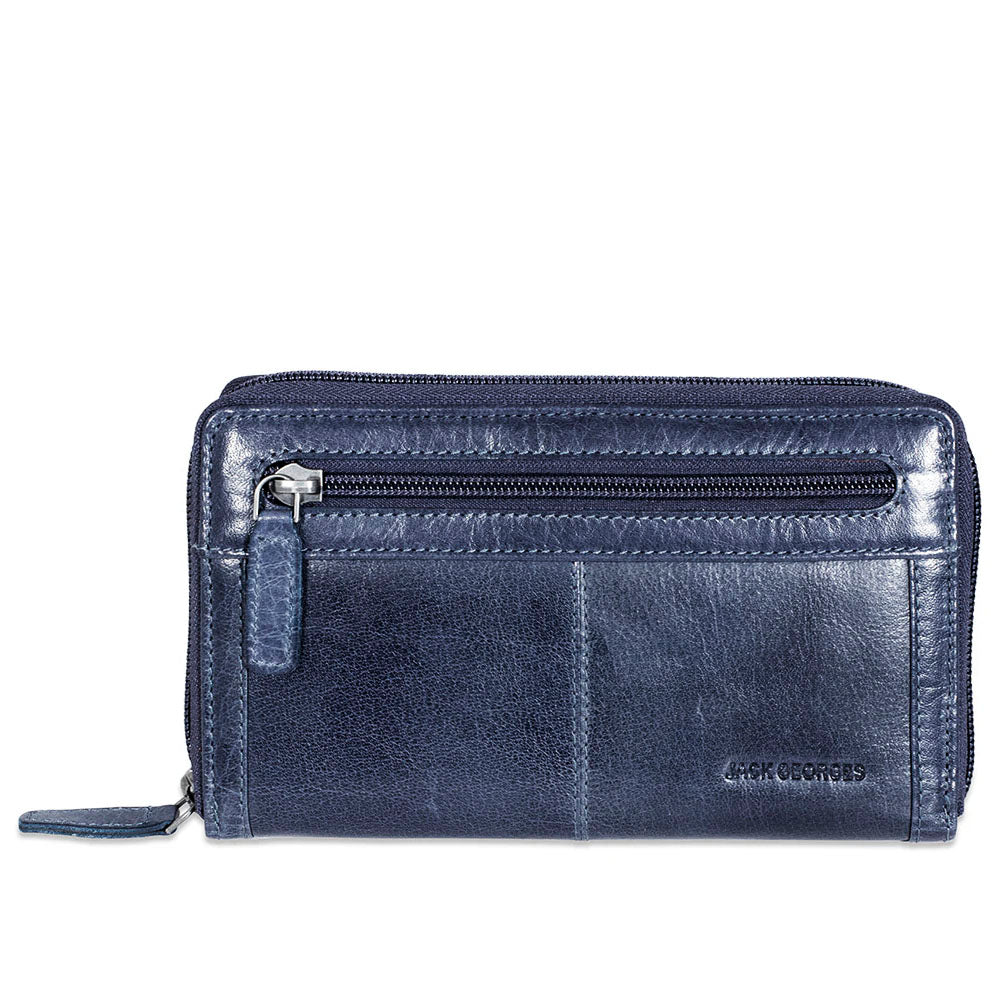 Blue leather wallet with a zipper on a white background