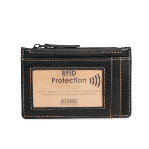 Black leather wallet with 'RFID Protection' feature on a white background