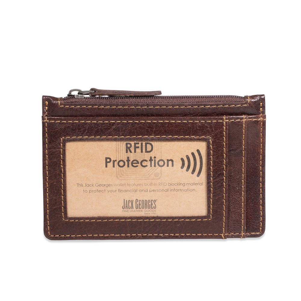 Brown wallet with RFID protection feature on a white background