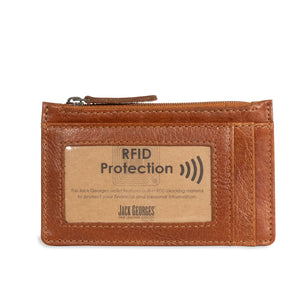 Brown leather wallet with RFID protection label on a white background