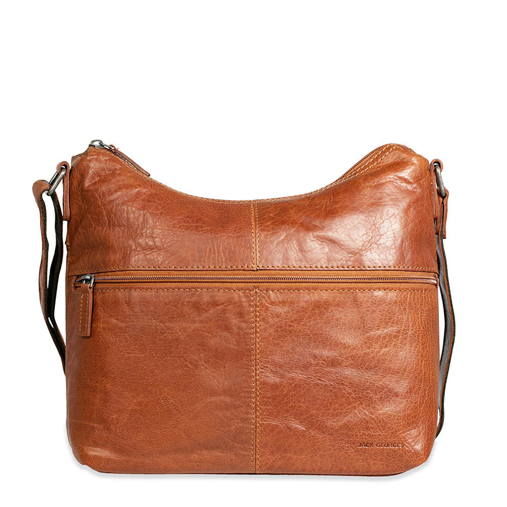Brown leather handbag with a visible brand logo on a white background