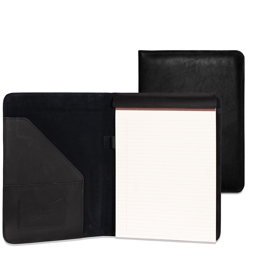 Black leather folder with a white interior on a white background