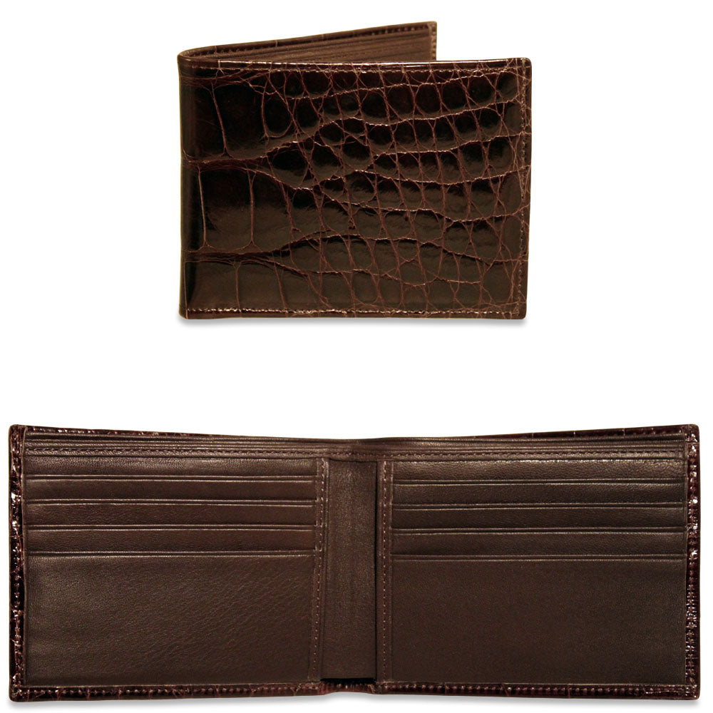 Brown leather wallet with crocodile texture on a white background