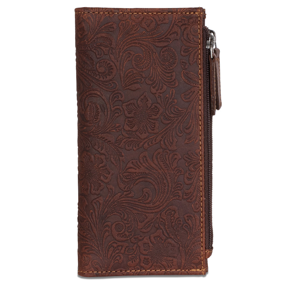 Brown leather wallet with intricate floral patterns on a white background