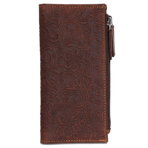 Brown leather wallet with intricate floral patterns on a white background