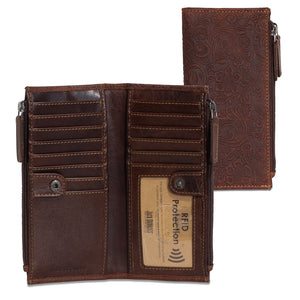 Brown leather wallet with embossed design and RFID protection label on a white background