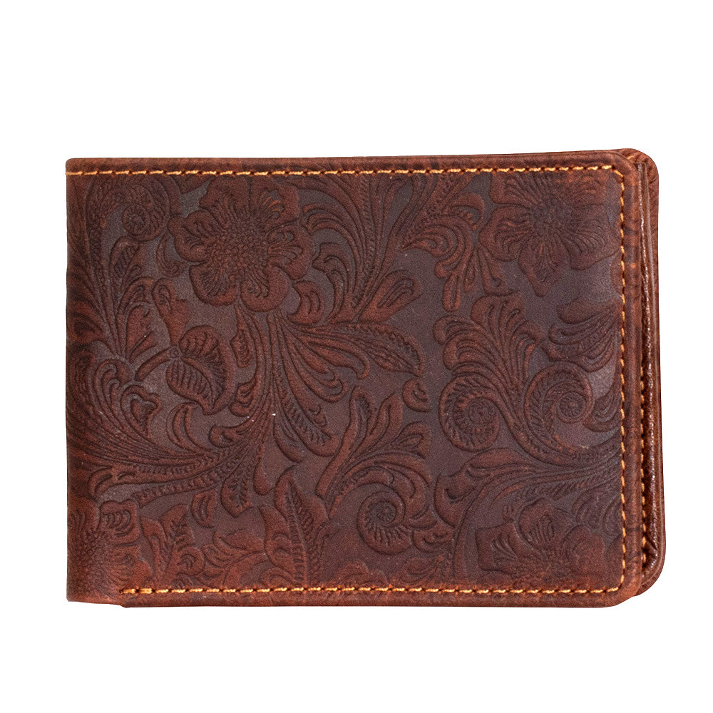 Brown leather wallet with floral embossing on a white background