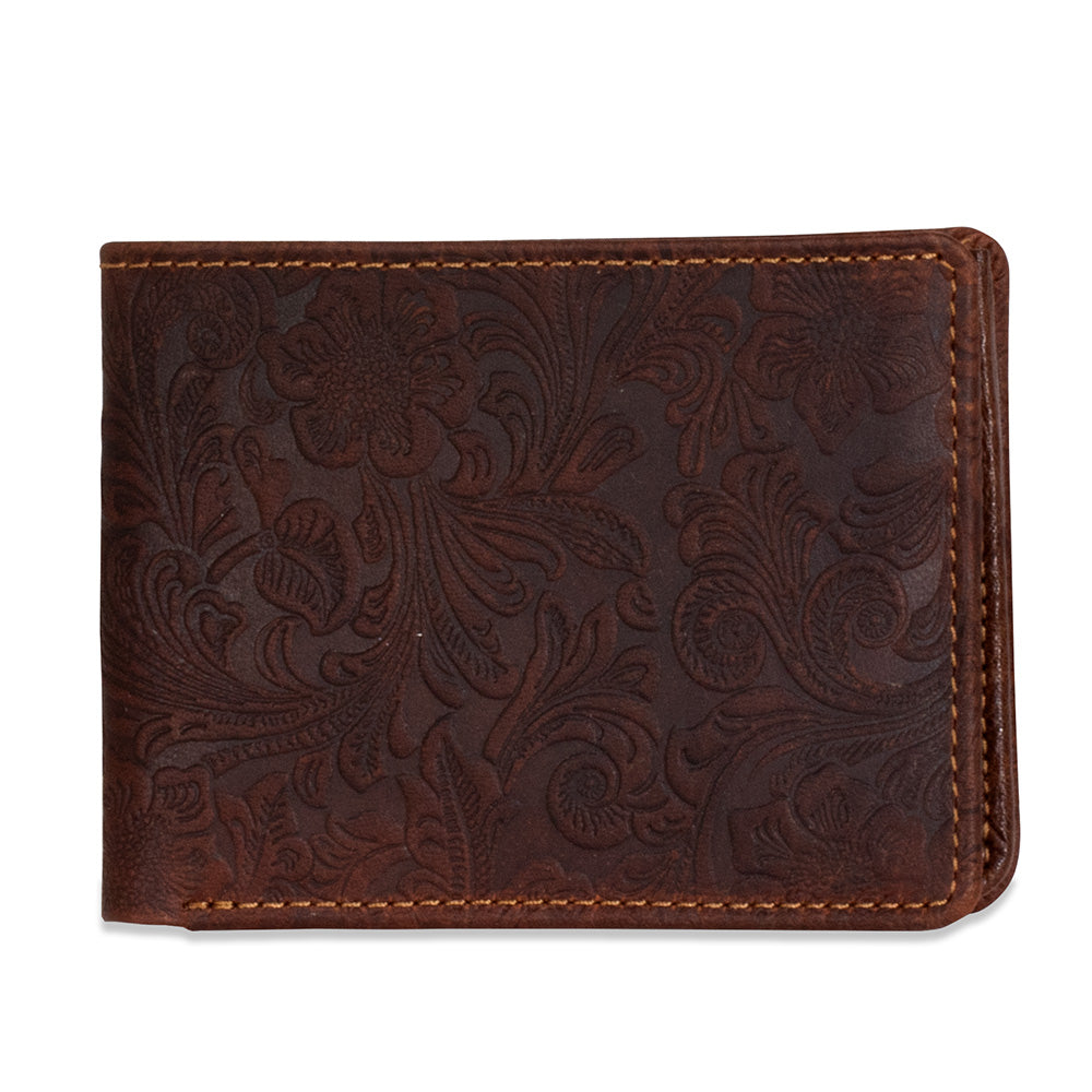 Brown leather wallet with floral embossing on a white background