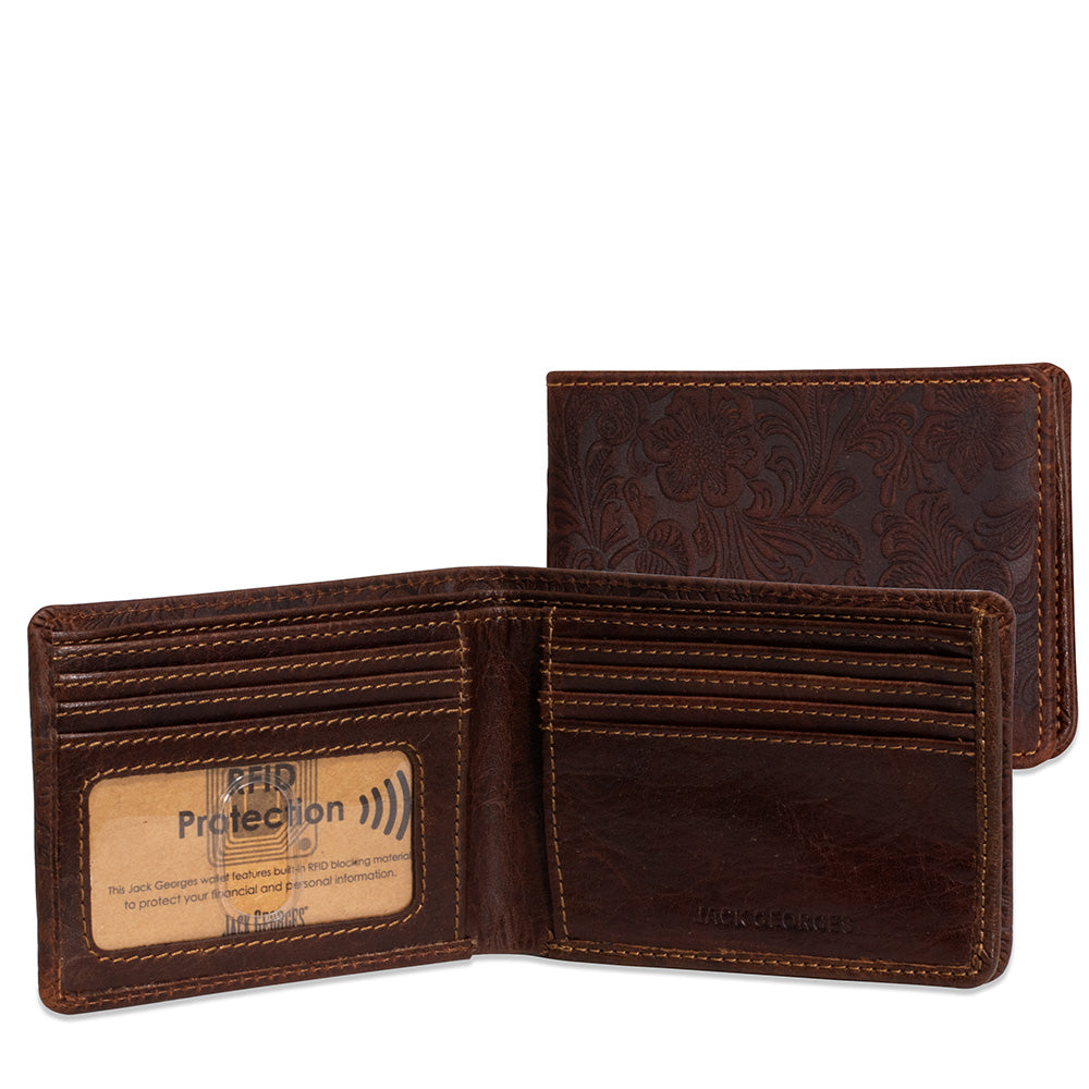 Brown leather wallet with floral pattern on a white background