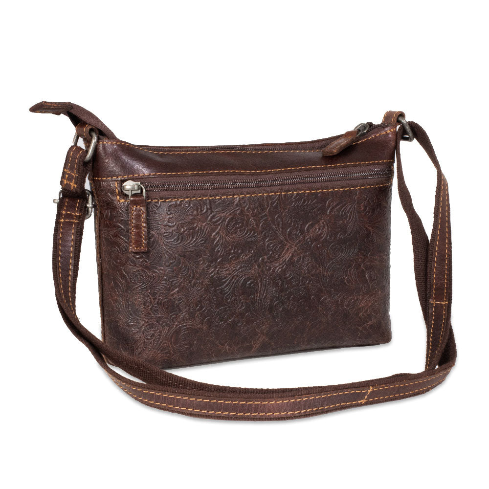 Brown leather crossbody bag with embossed design on a white background