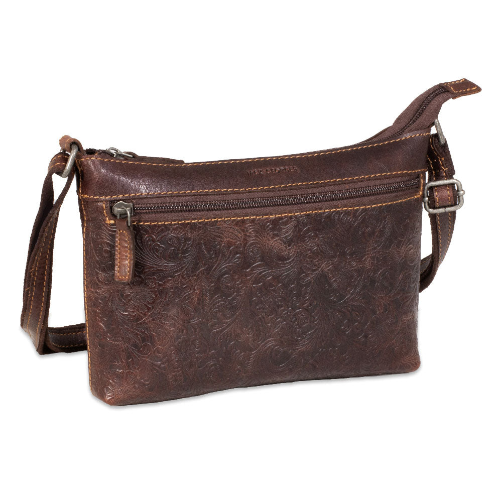 Brown leather handbag with a strap on a white background