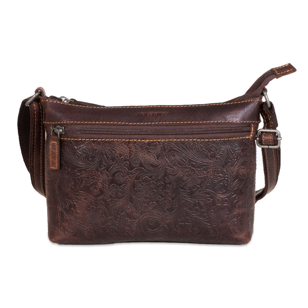 Brown leather handbag with floral embossing on a white background