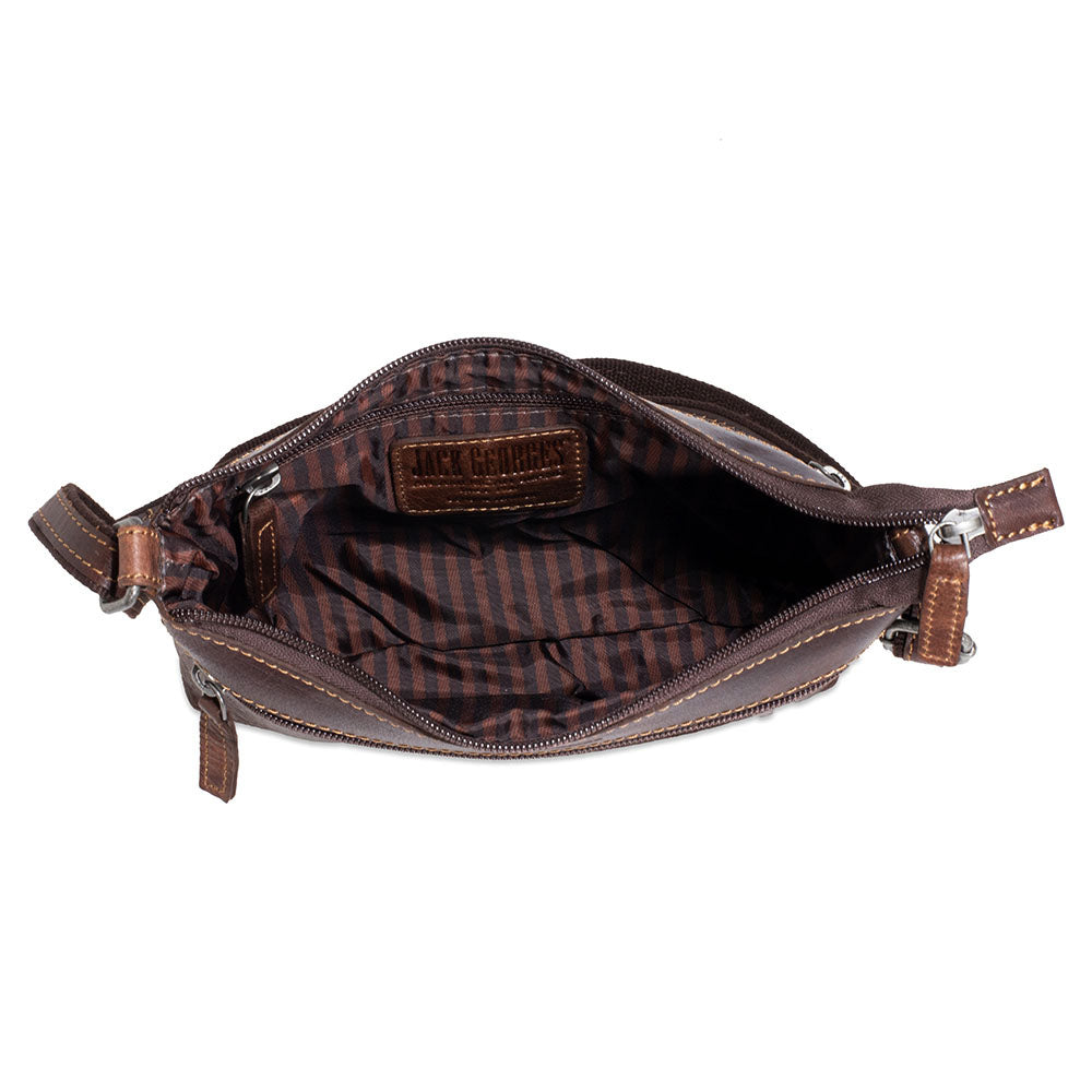 Brown leather bag with plaid lining on a white background