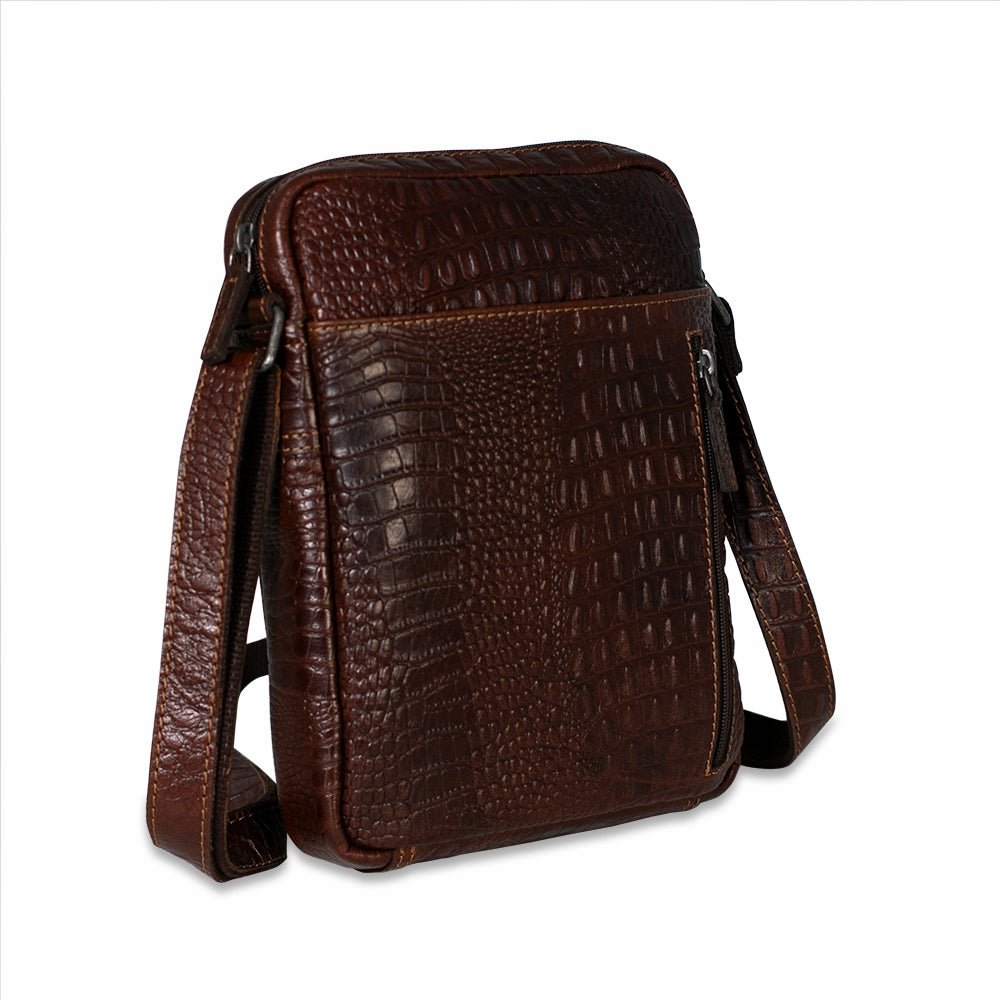 Hornback Croco Slim Crossbody w/Zippered Front Pocket #HB213 3QTR (Brown)