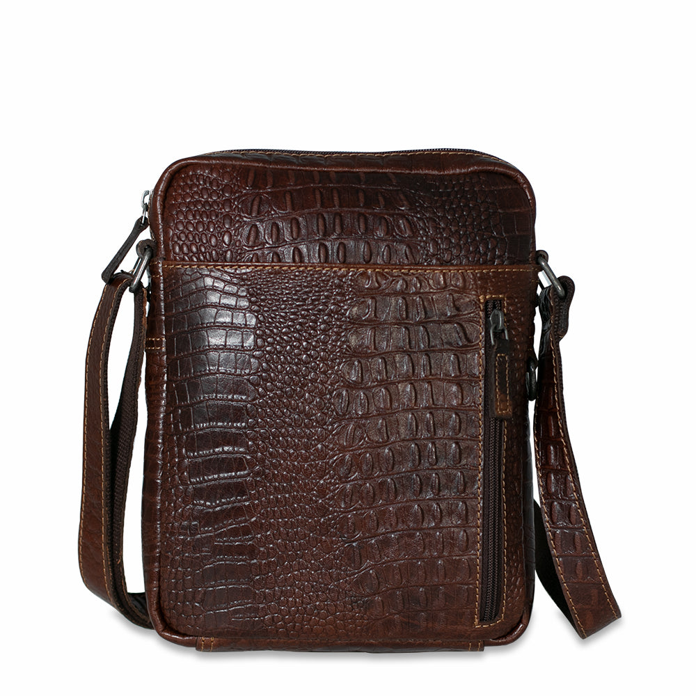 Hornback Croco Slim Crossbody w/Zippered Front Pocket #HB213 Front (Brown)