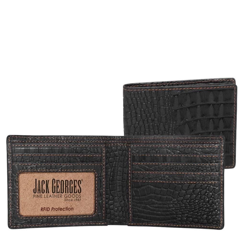 Black leather wallet with crocodile texture and 'Jack Georges' branding on a white background