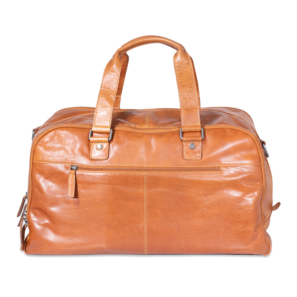 Brown leather duffel bag on a white background