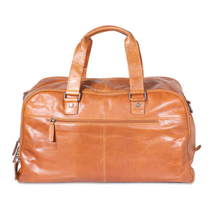 Brown leather duffel bag on a white background