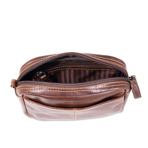 Brown leather pouch with zipper on a white background