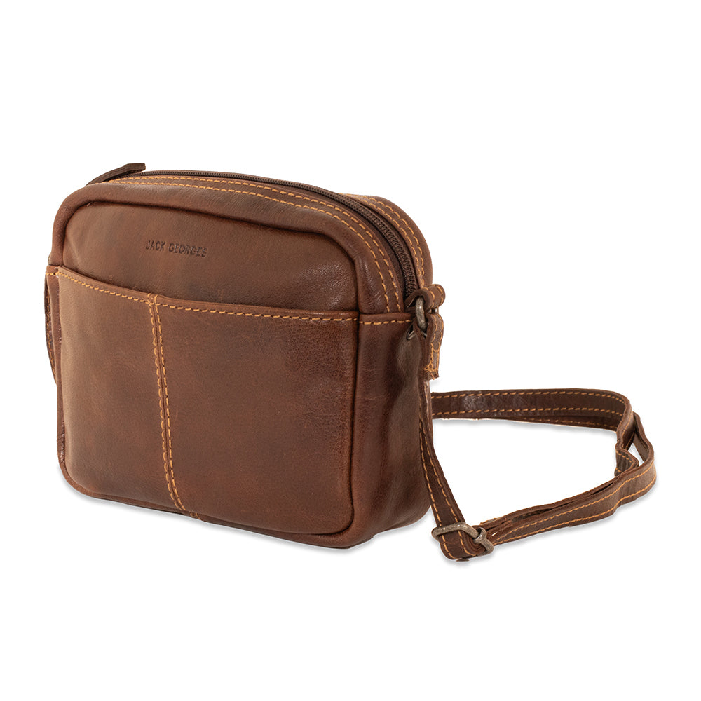 Brown leather crossbody bag on a white background