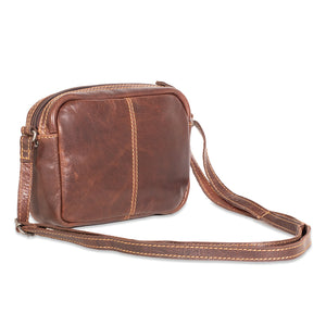 Brown leather crossbody bag on a white background