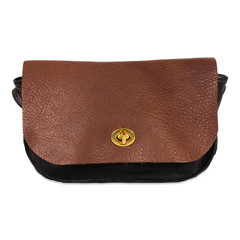 Brown leather crossbody bag with a gold emblem on a white background