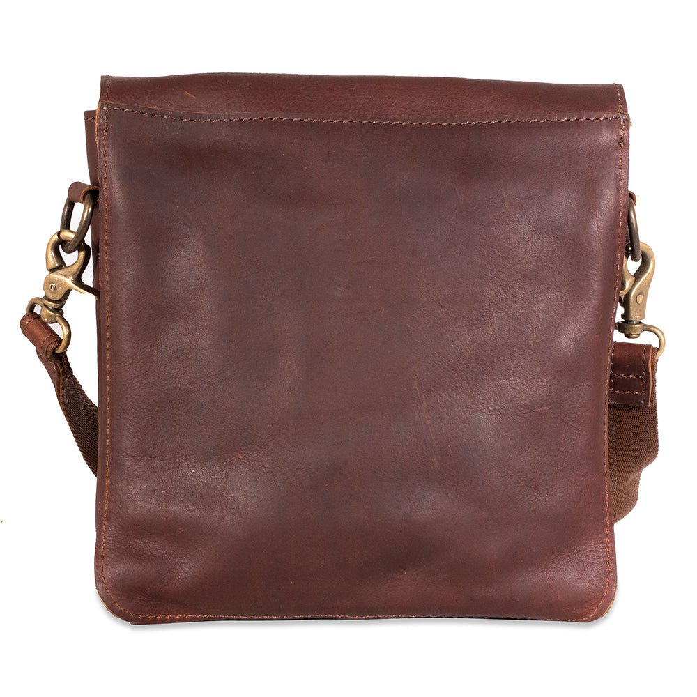 Brown leather crossbody bag on a white background