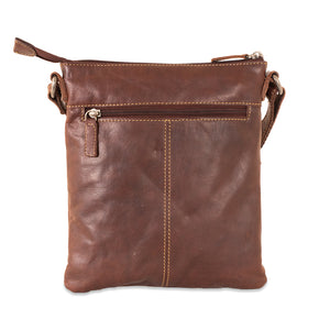 Brown leather crossbody bag on a white background
