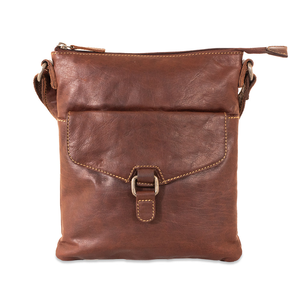 Brown leather crossbody bag on a white background
