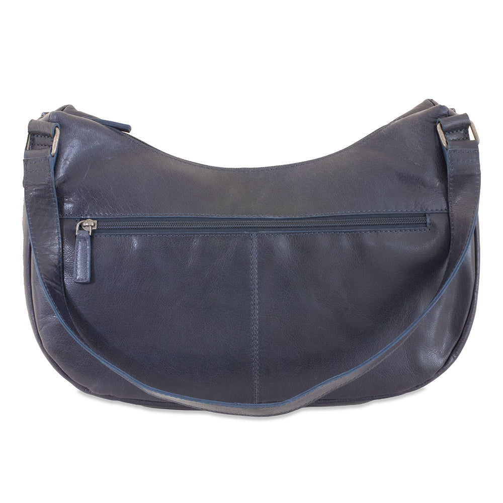 Navy blue leather shoulder bag on a white background