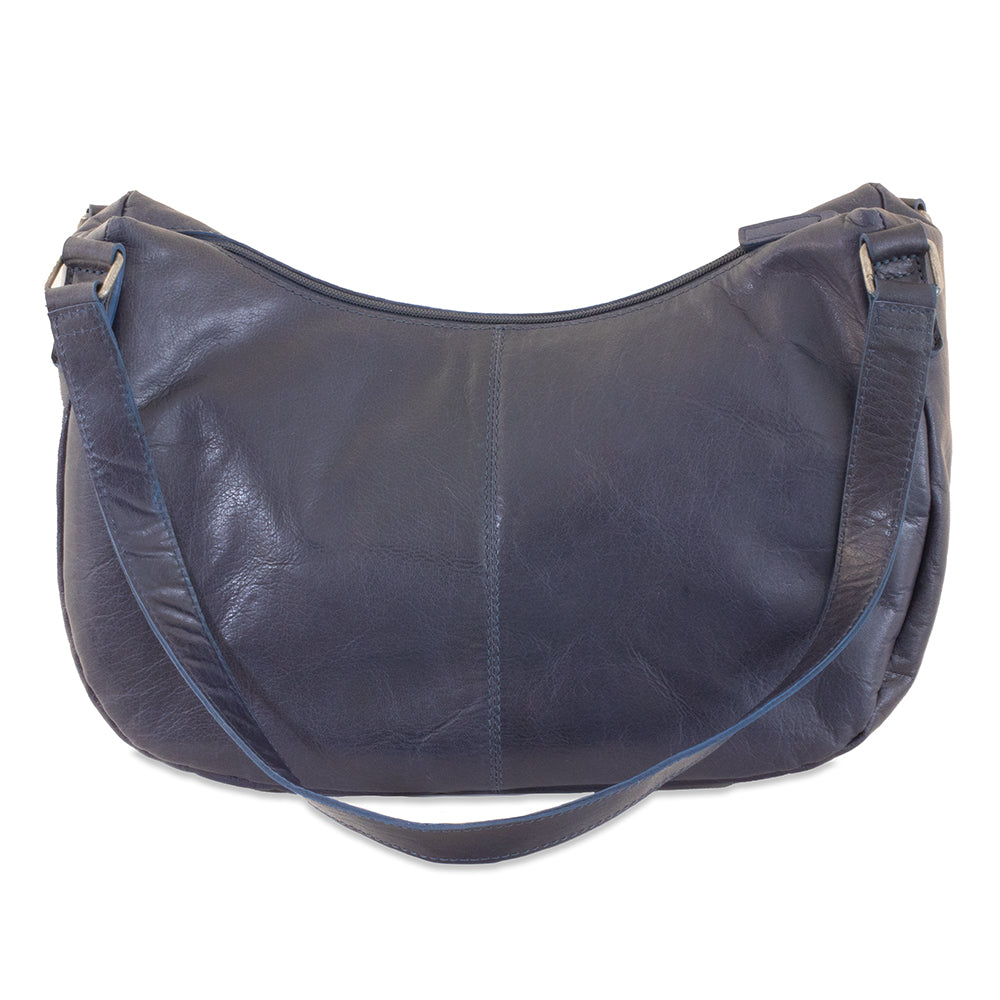 Blue leather handbag on a white background