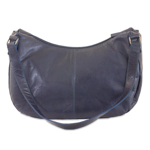 Blue leather handbag on a white background