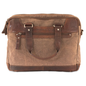 Brown leather and canvas bag with a handle on a white background