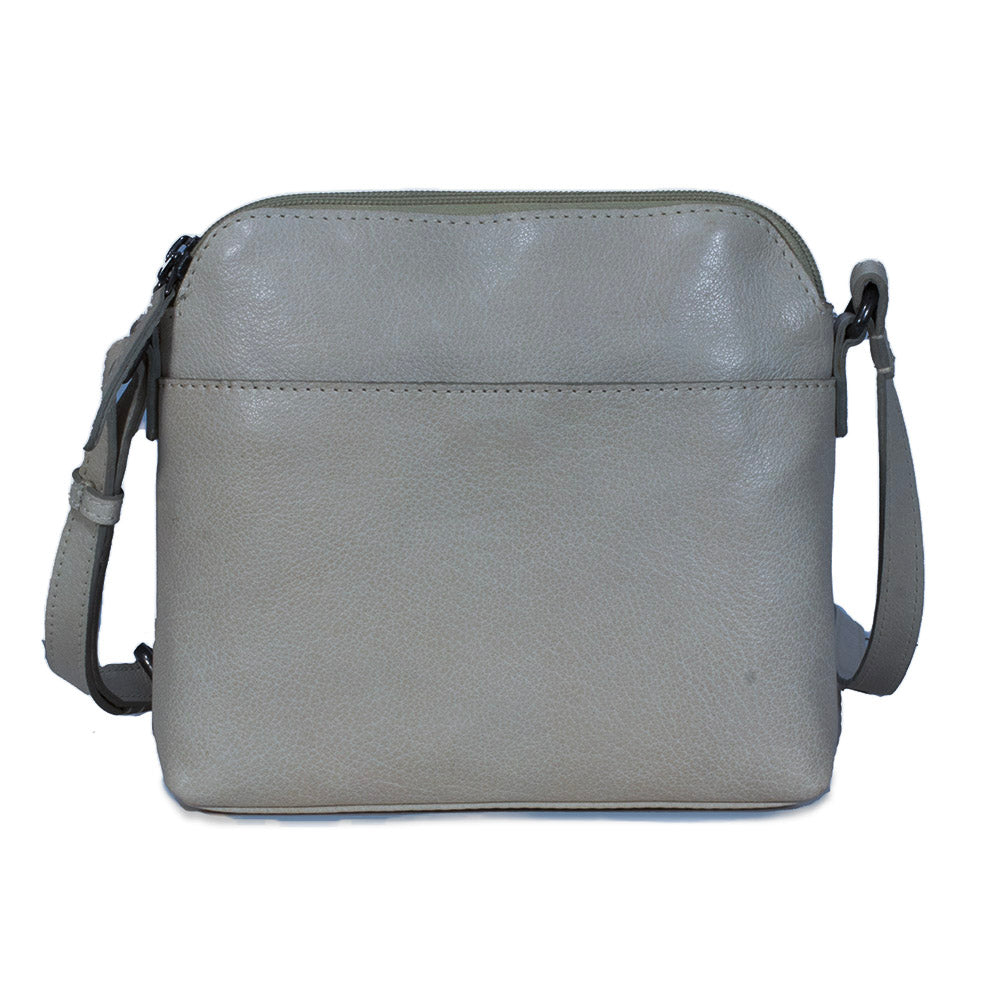 Gray leather crossbody bag on a white background