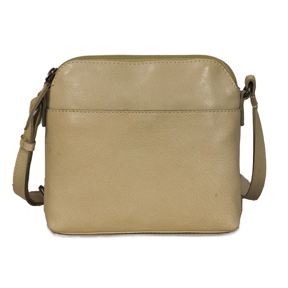Beige leather crossbody bag on a white background
