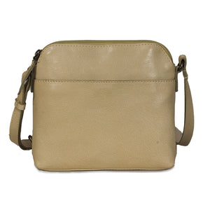 Beige leather crossbody bag on a white background