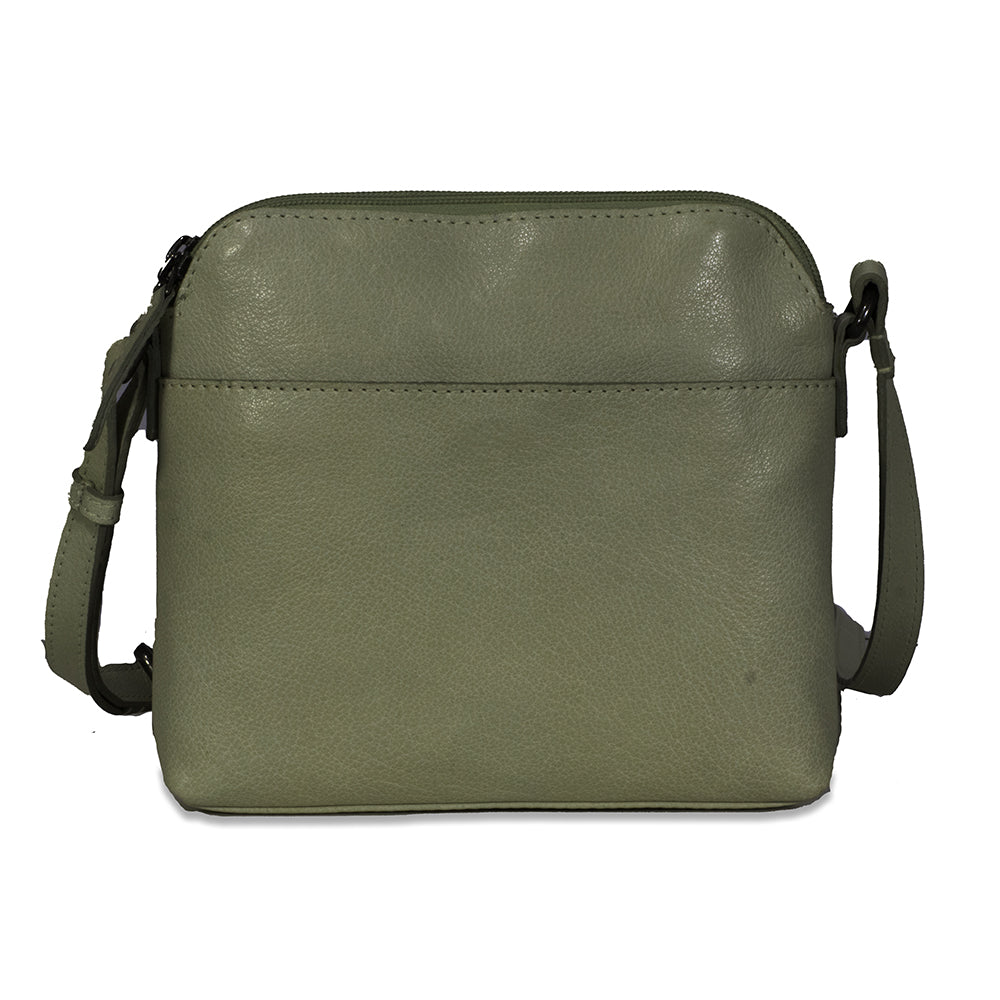 Green leather crossbody bag on a white background