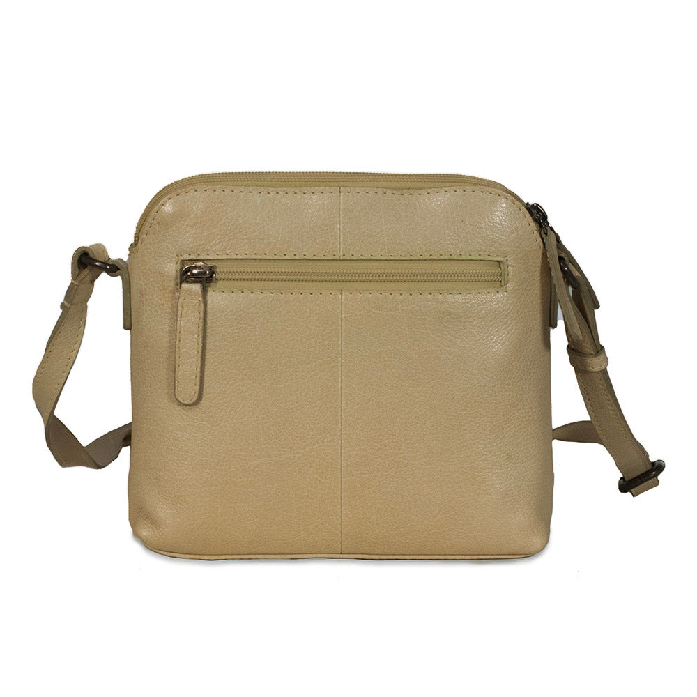 Beige leather crossbody bag on a white background