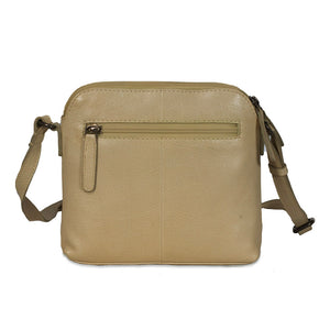 Beige leather crossbody bag on a white background