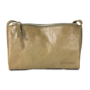 Gold leather clutch bag with a visible brand name on a white background