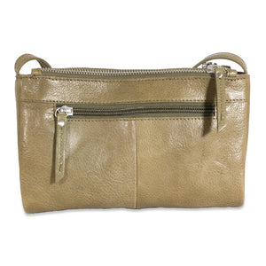Gold leather clutch bag with a zipper on a white background
