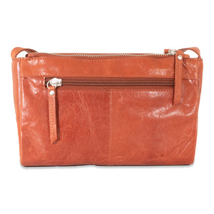Brown leather clutch bag with a zipper on a white background