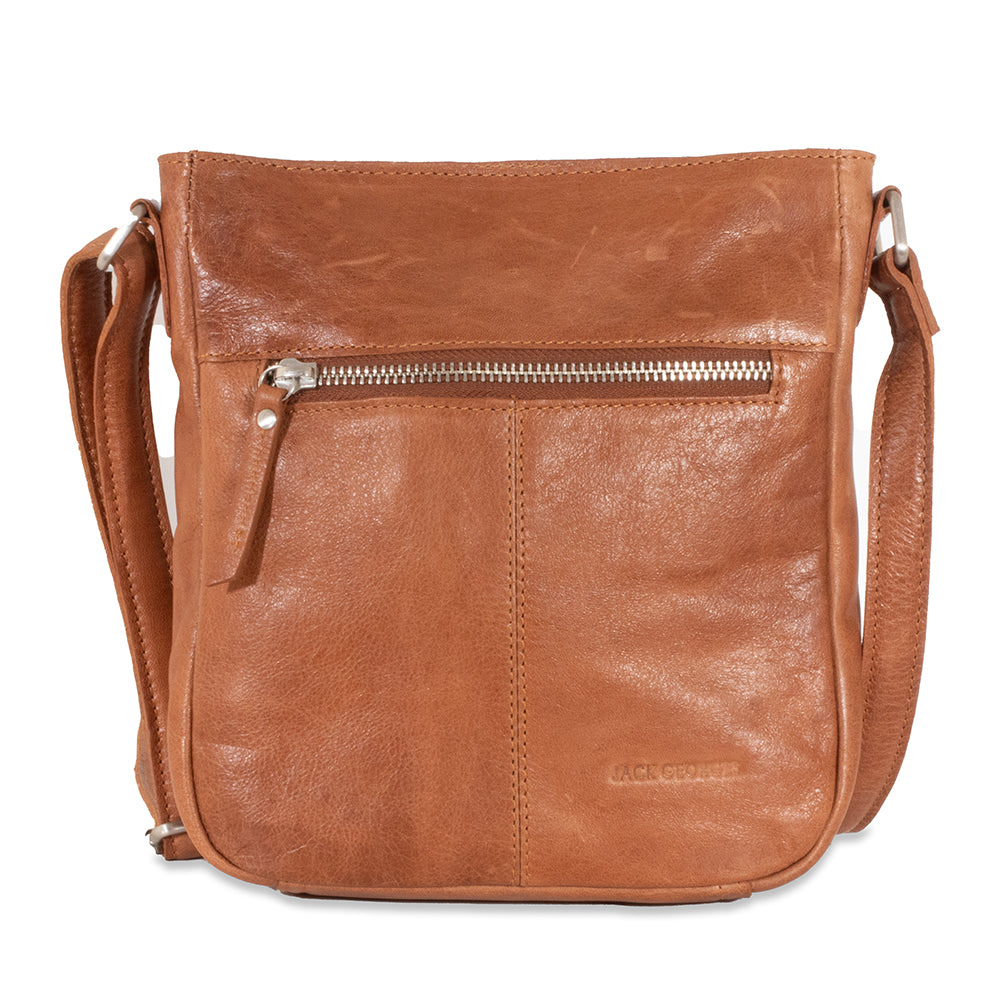 Brown leather crossbody bag with a visible brand logo on a white background