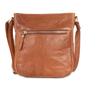 Brown leather crossbody bag with a visible brand logo on a white background