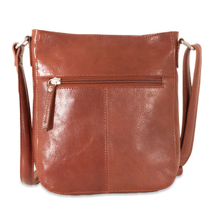 Brown leather crossbody bag on a white background