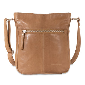 Brown leather crossbody bag with a visible brand logo on a white background