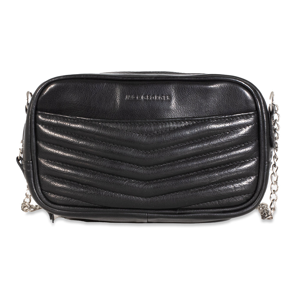 Black quilted handbag with chain strap on a white background
