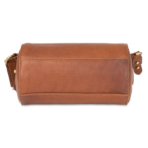 Brown leather crossbody bag on a white background