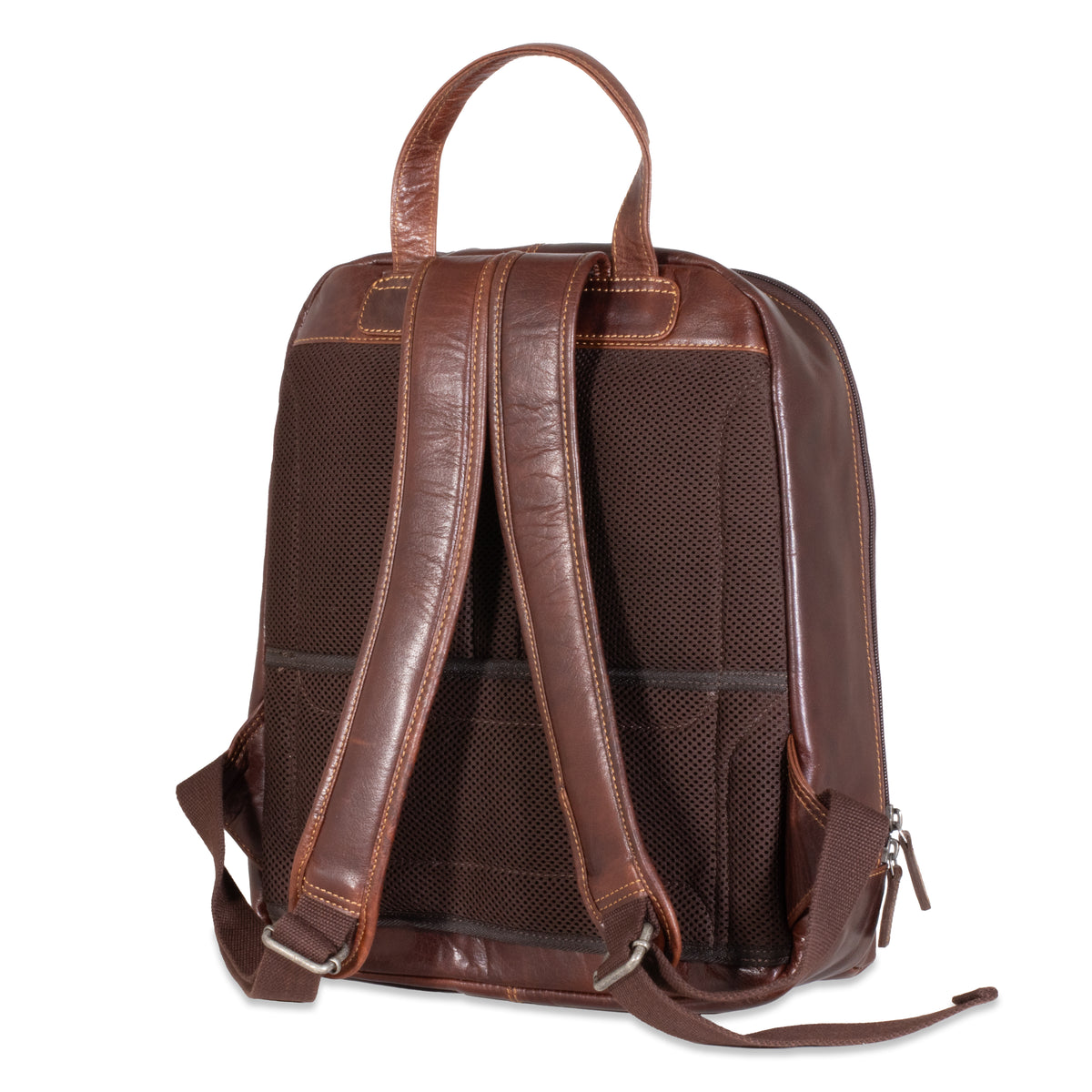 Brown leather backpack on a white background